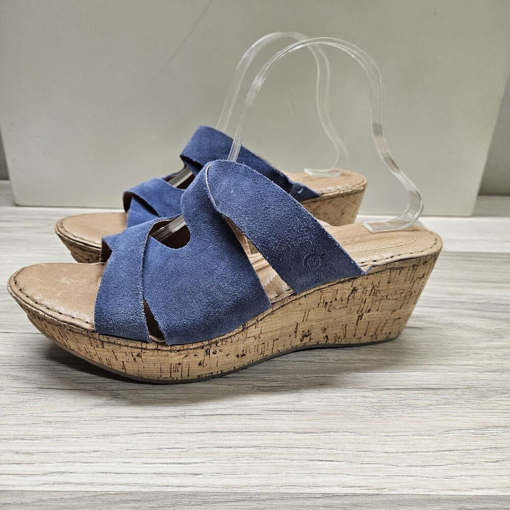 Born Blue Suede Leather Sandals Cork Wedge Womens Size 11 Casual Strappy